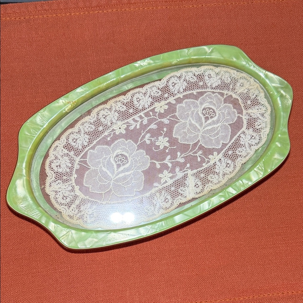 Vintage Green Oval Lace Vanity Tray